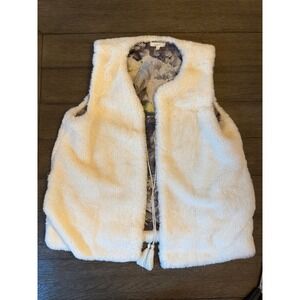 Mystree Women Cream Ivory Faux Fur Vest Floral Lining Tassel Tie Size Medium